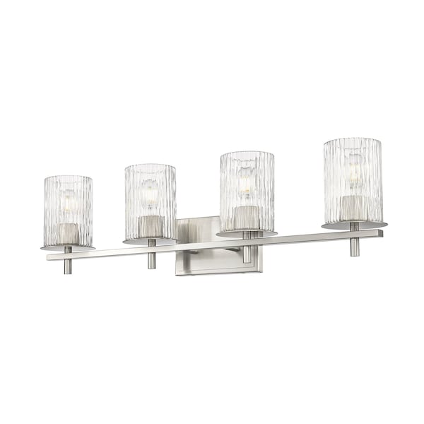 Grayson Vanity, 4-Light, 31 In.W X 5.75 In.L X 8.5 In.H, Brushed Nickel/Clear + Etched Opal